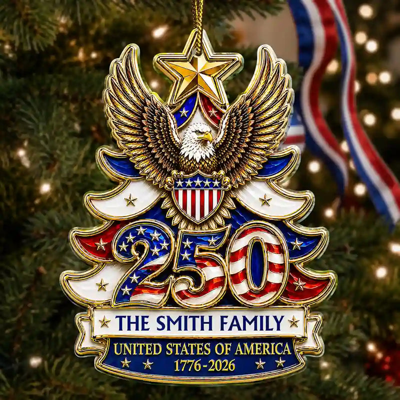 Independence Day,America 250th,Christmas,Proud,Family,Custom Text - Christmas America 250th Anniversary Stars Stripes Forever - Personalized Custom Shaped Acrylic Ornament
