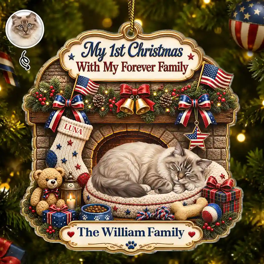 Independence Day,Art Design,America 250th,Playful,Christmas,Pet Lovers,Photo - Sleeping Dog Cat Baby - Custom Photo Sleeping Angel Adorable Dog Cat First Christmas With My Forever Family - Personalized Custom Shaped Acrylic Ornament