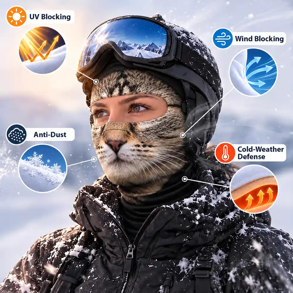 Christmas,Custom Photo,Gift For Couples,Humorous,Old Couples,Skiing,Upload Full Photo - Winter Skiing Gag Gift For Dog, Cat Lovers - Personalized Custom Photo 3D Realistic Pet Face Balaclava Face Mask