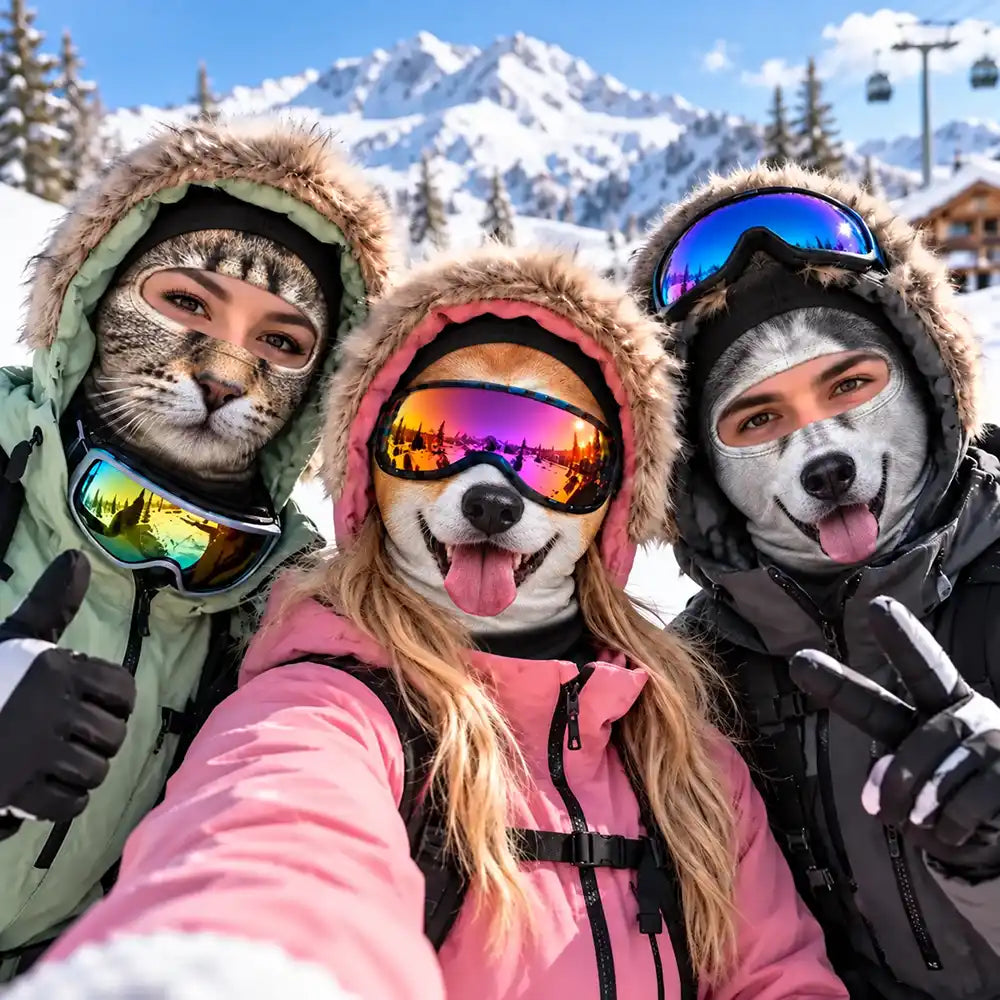 Christmas,Custom Photo,Gift For Couples,Humorous,Old Couples,Skiing,Upload Full Photo - Winter Skiing Gag Gift For Dog, Cat Lovers - Personalized Custom Photo 3D Realistic Pet Face Balaclava Face Mask