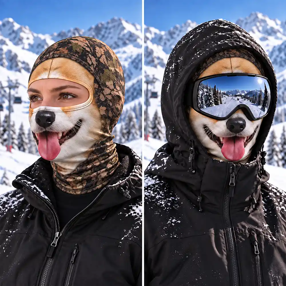 Christmas,Custom Photo,Gift For Couples,Humorous,Old Couples,Skiing,Upload Full Photo - Winter Skiing Gag Gift For Dog, Cat Lovers - Personalized Custom Photo 3D Realistic Pet Face Balaclava Face Mask