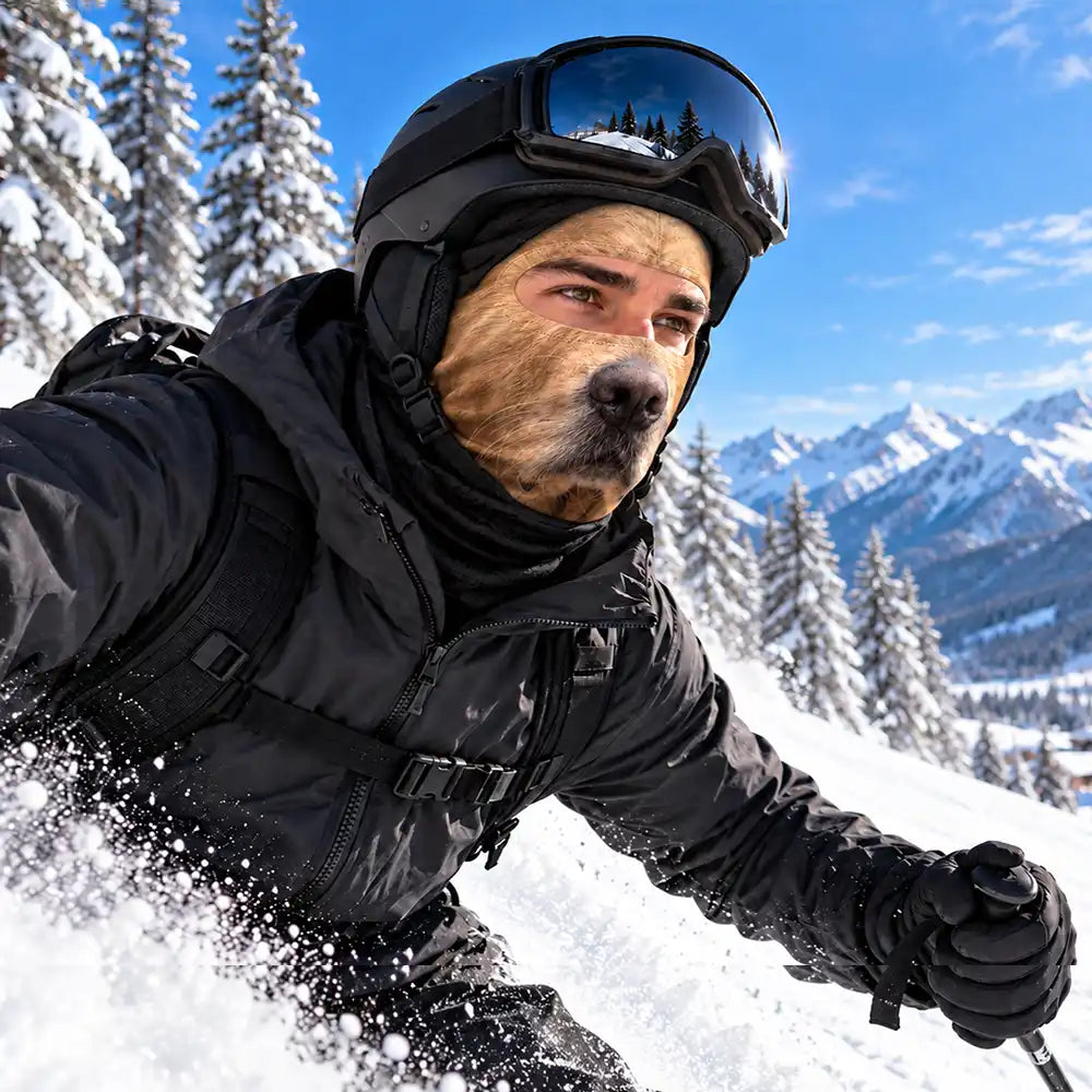 Christmas,Custom Photo,Gift For Couples,Humorous,Old Couples,Skiing,Upload Full Photo - Winter Skiing Gag Gift For Dog, Cat Lovers - Personalized Custom Photo 3D Realistic Pet Face Balaclava Face Mask