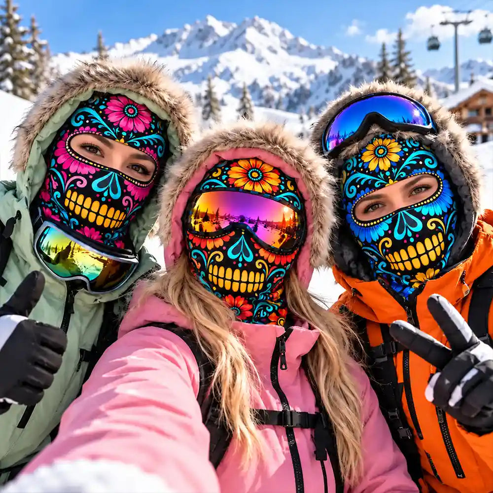Christmas,Confident,Hispanic,Icon - Winter Biker, Skier Sugar Skull Cool Gift For Bestie, Girl Group - Personalized 3D Realistic Christmas Funny Face Balaclava Face Mask