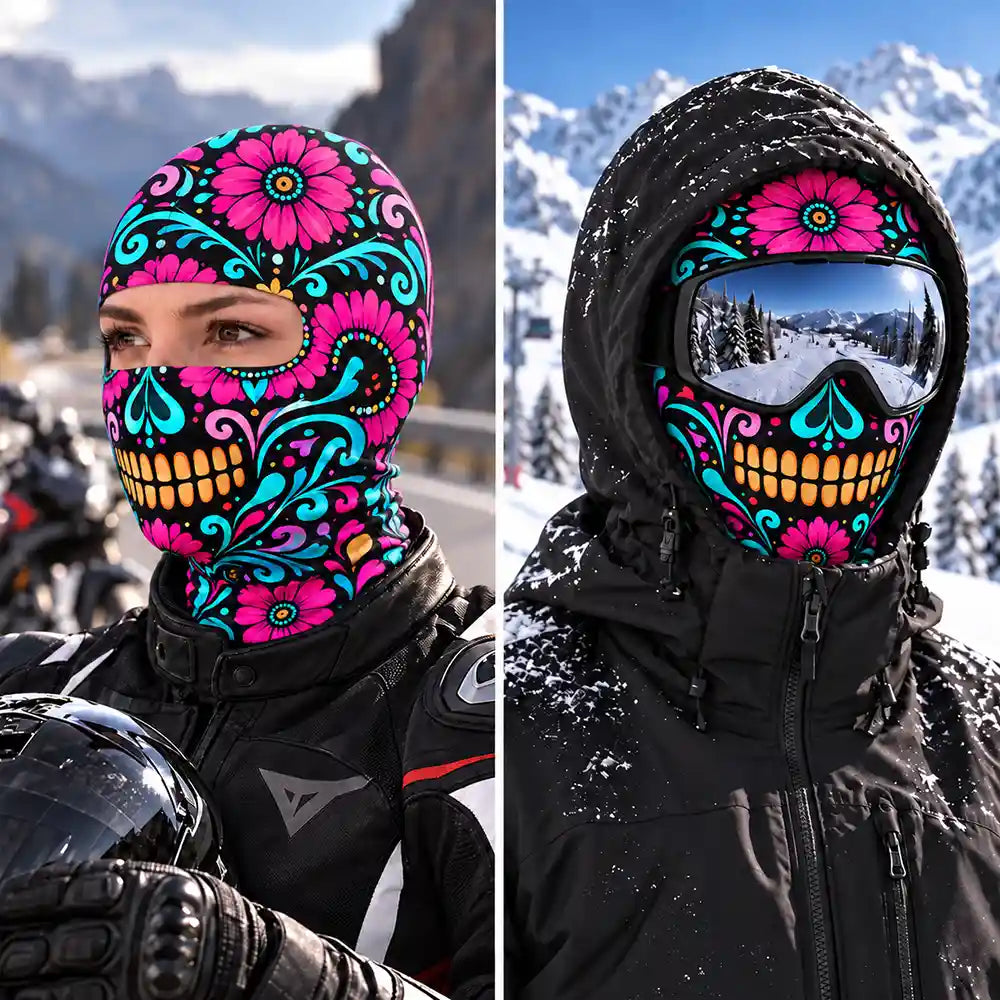 Christmas,Confident,Hispanic,Icon - Winter Biker, Skier Sugar Skull Cool Gift For Bestie, Girl Group - Personalized 3D Realistic Christmas Funny Face Balaclava Face Mask