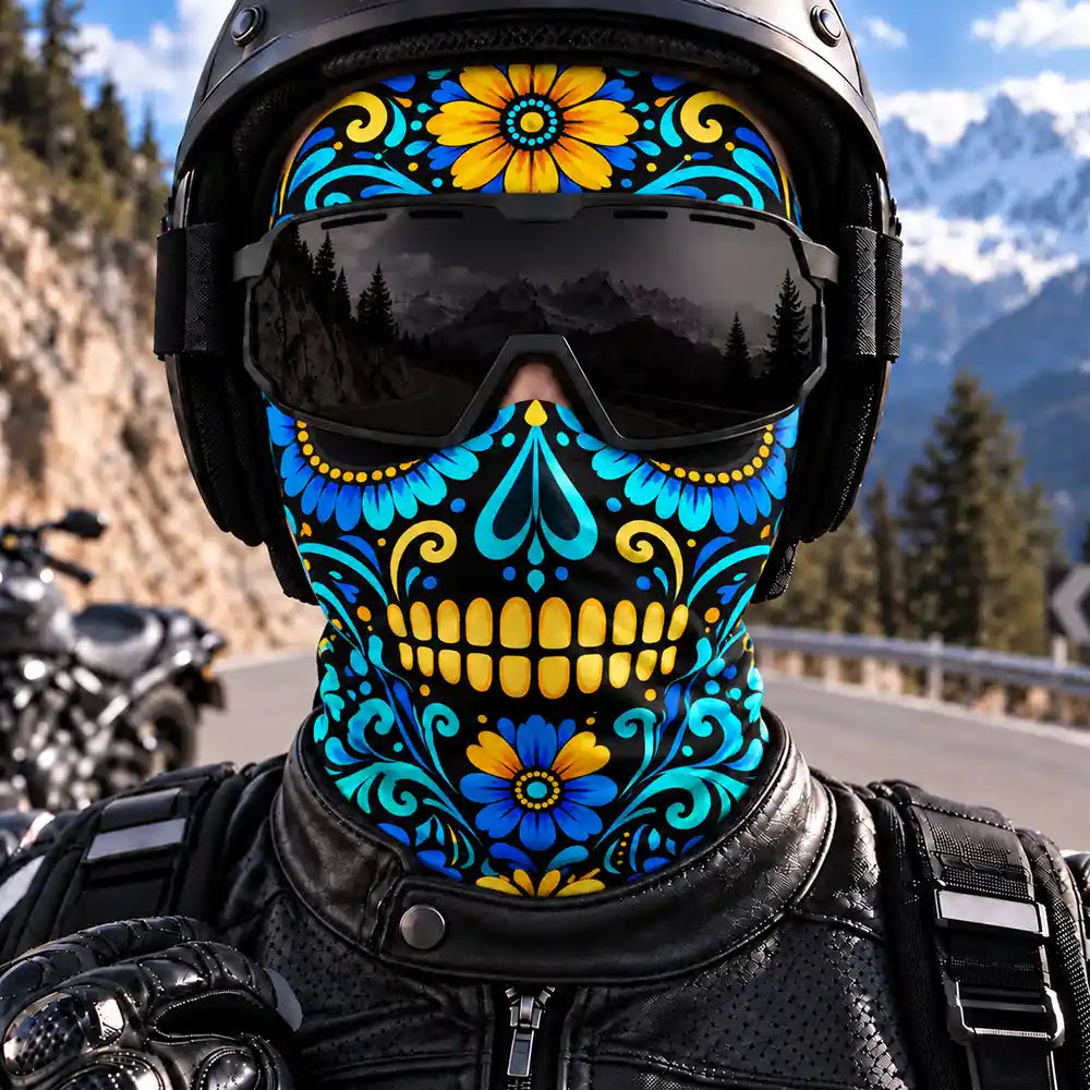 Christmas,Confident,Hispanic,Icon - Winter Biker, Skier Sugar Skull Cool Gift For Bestie, Girl Group - Personalized 3D Realistic Christmas Funny Face Balaclava Face Mask