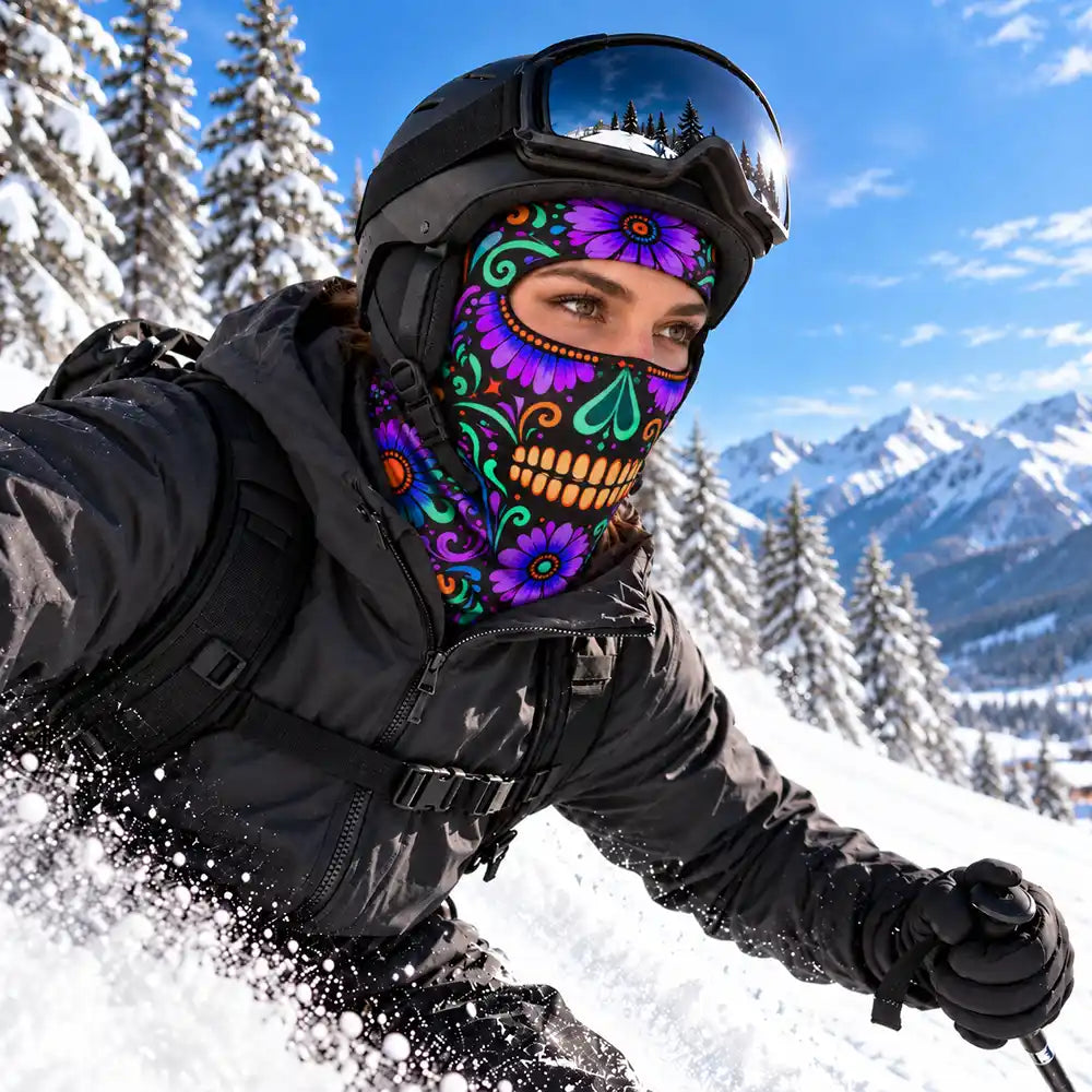 Christmas,Confident,Hispanic,Icon - Winter Biker, Skier Sugar Skull Cool Gift For Bestie, Girl Group - Personalized 3D Realistic Christmas Funny Face Balaclava Face Mask