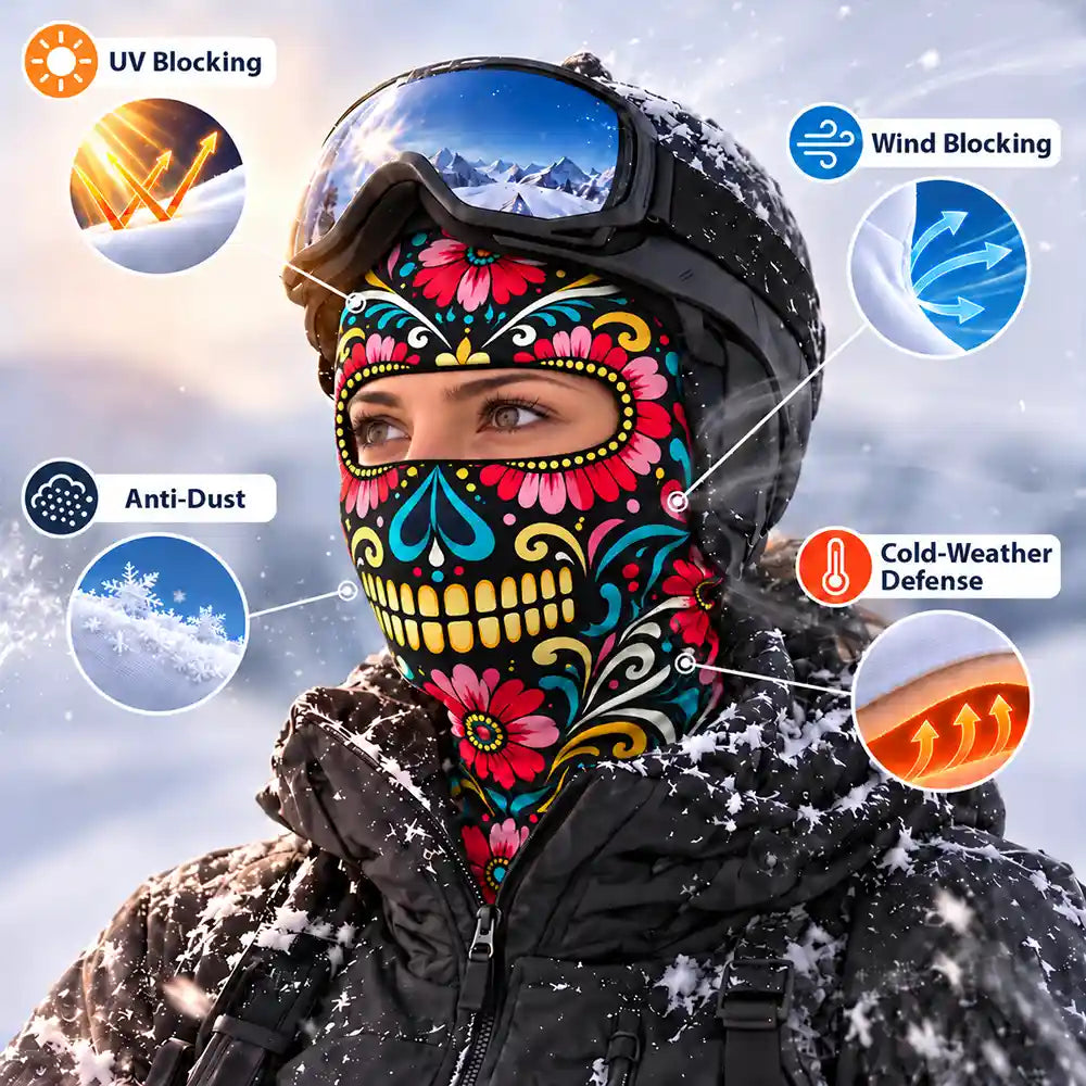 Christmas,Confident,Hispanic,Icon - Winter Biker, Skier Sugar Skull Cool Gift For Bestie, Girl Group - Personalized 3D Realistic Christmas Funny Face Balaclava Face Mask