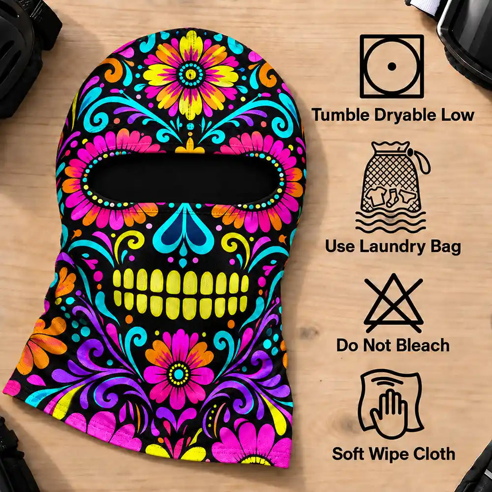 Christmas,Confident,Hispanic,Icon - Winter Biker, Skier Sugar Skull Cool Gift For Bestie, Girl Group - Personalized 3D Realistic Christmas Funny Face Balaclava Face Mask