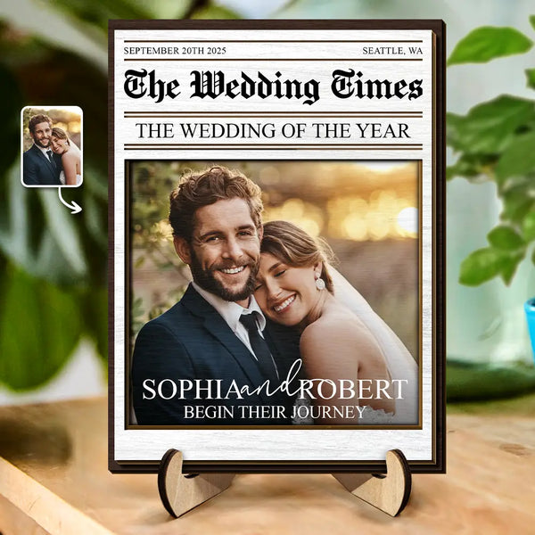 Gift For Couples,Wedding,Love,Gift For Women,Gift For Men,Gift For Wife,Gift For Husband,LGBT - Custom Photo The Wedding Of The Year Newlywed Couples - Personalized 2-Layered Wooden Plaque With Stand