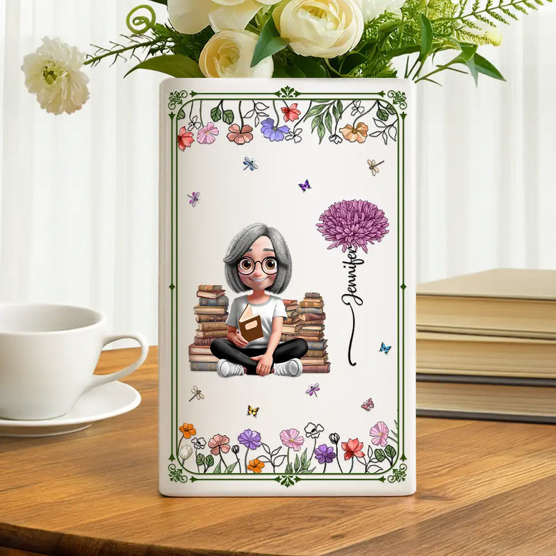 Gift For Yourself,Gift For Women,Reading,Happy,Gift For Men - 3D Effect Book Lovers Sitting With Birth Flowers - Personalized Ceramic Book Vase