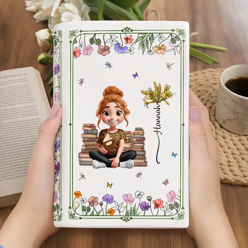 Gift For Yourself,Gift For Women,Reading,Happy,Gift For Men - 3D Effect Book Lovers Sitting With Birth Flowers - Personalized Ceramic Book Vase