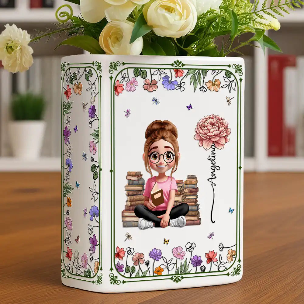 Gift For Yourself,Gift For Women,Reading,Happy,Gift For Men - 3D Effect Book Lovers Sitting With Birth Flowers - Personalized Ceramic Book Vase