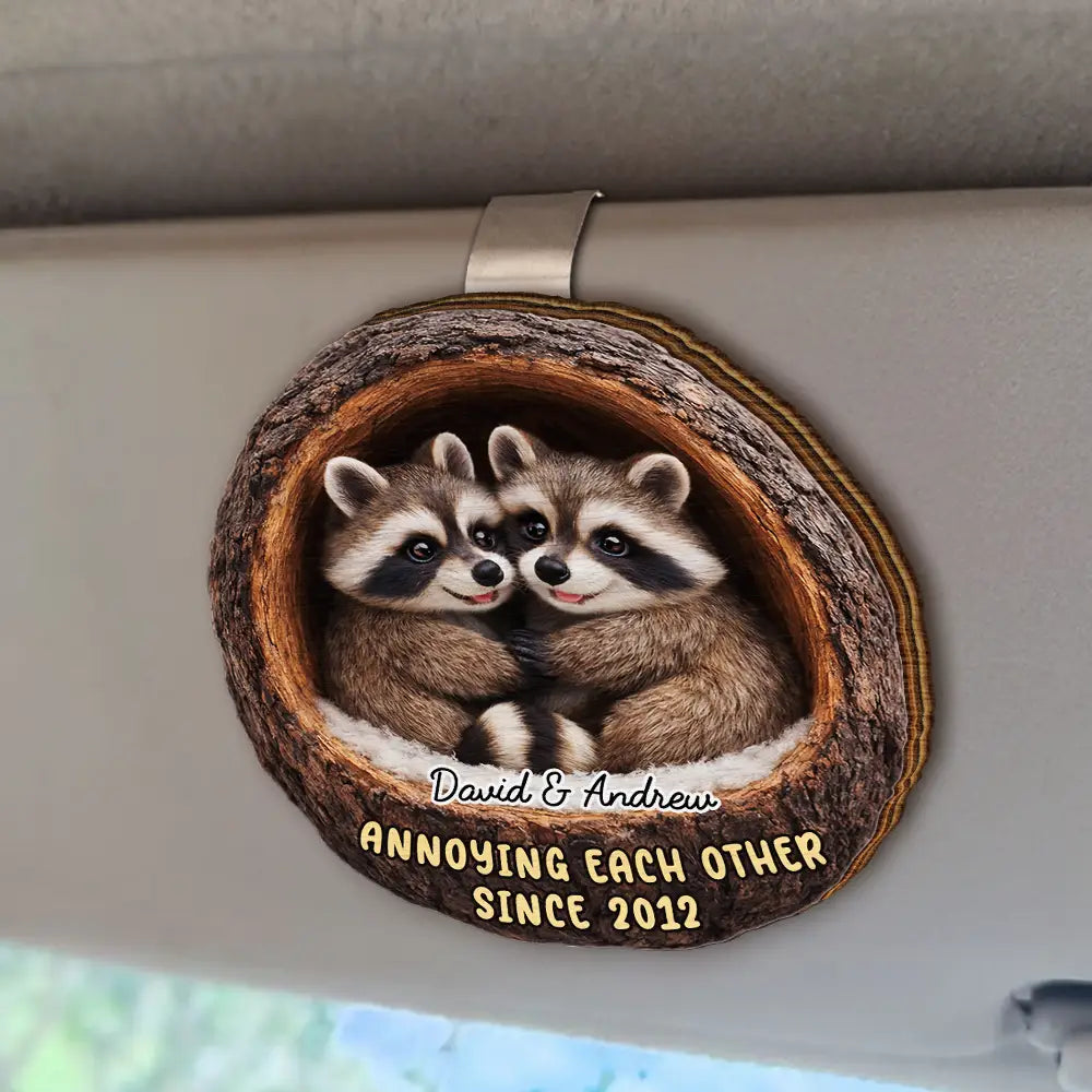 Gift For Couples,Gift For Women,Gift For Men,Gift For Boyfriend,Gift For Girlfriend,Gift For Wife,Gift For Husband,Funny,Love - 3D Effect Couple Raccoon Annoying Each Other - Personalized Custom Shaped Car Visor Clip