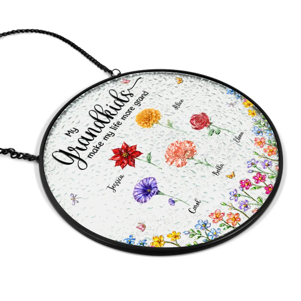 Gift For Grandma,Gift For Women,Happy,Top Market - Crystal Effect Birth Flower Grandkids Make Life More Grand - Personalized Stained Glass Window Hanging Suncatcher