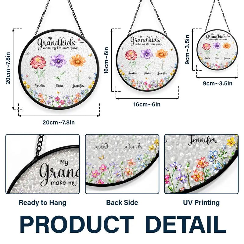 Gift For Grandma,Gift For Women,Happy,Top Market - Crystal Effect Birth Flower Grandkids Make Life More Grand - Personalized Stained Glass Window Hanging Suncatcher