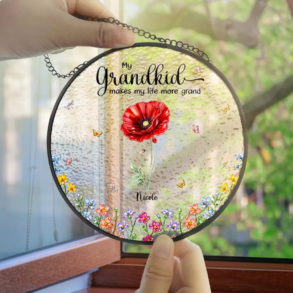 Gift For Grandma,Gift For Women,Happy,Top Market - Crystal Effect Birth Flower Grandkids Make Life More Grand - Personalized Stained Glass Window Hanging Suncatcher