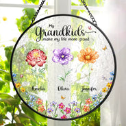 Gift For Grandma,Gift For Women,Happy,Top Market - Crystal Effect Birth Flower Grandkids Make Life More Grand - Personalized Stained Glass Window Hanging Suncatcher