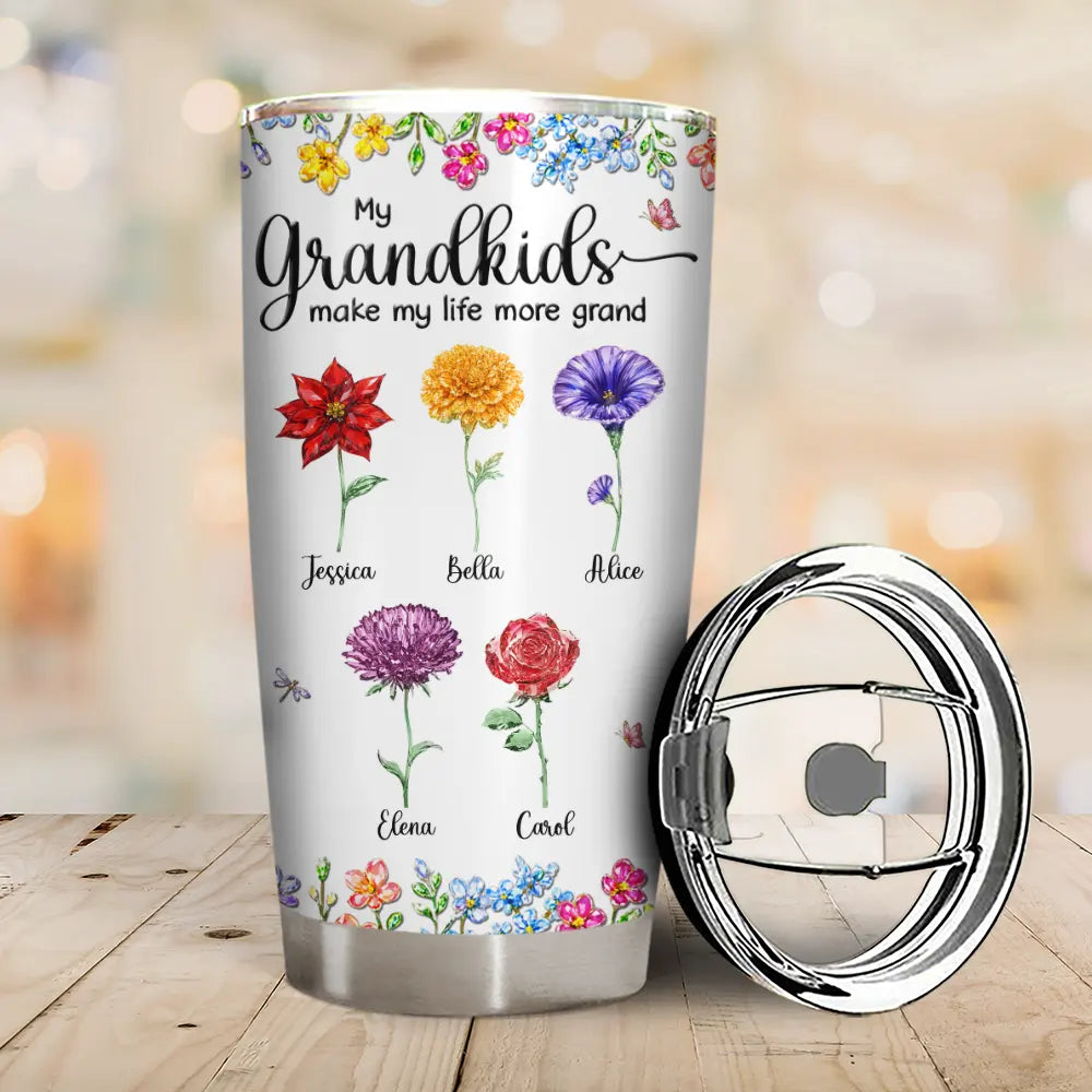 Gift For Grandma,Gift For Women,Happy,Top Market - Crystal Effect Birth Flower Grandkids Make Life More Grand - Personalized Tumbler