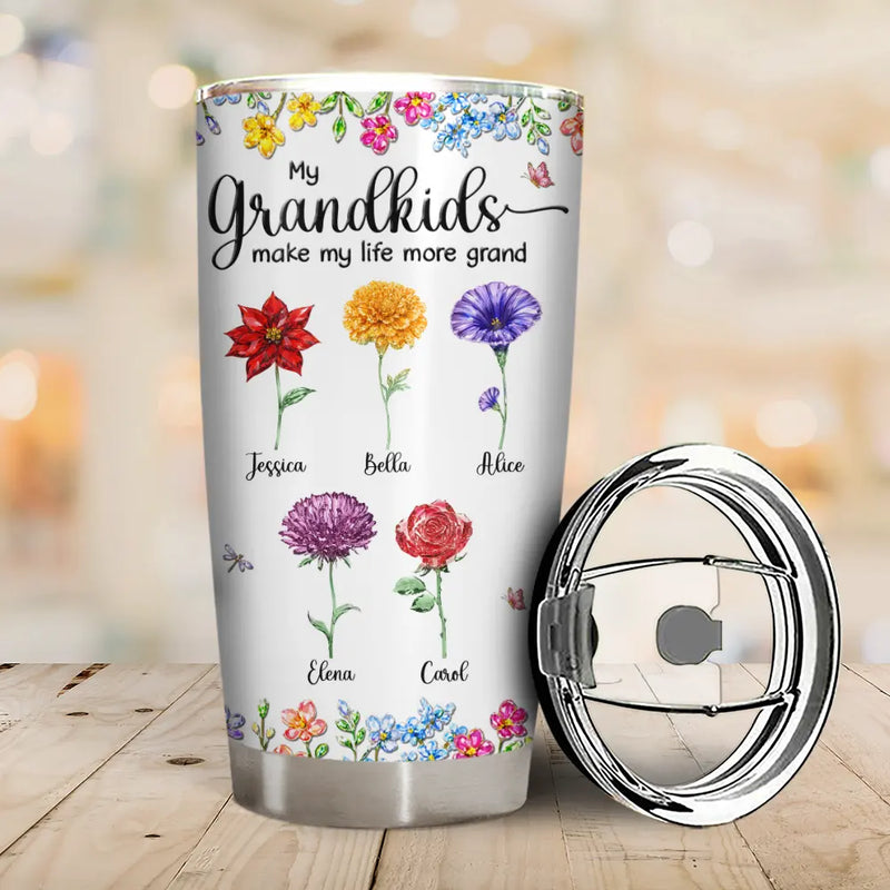 Gift For Grandma,Gift For Women,Happy,Top Market - Crystal Effect Birth Flower Grandkids Make Life More Grand - Personalized Tumbler