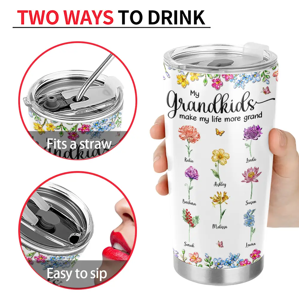 Gift For Grandma,Gift For Women,Happy,Top Market - Crystal Effect Birth Flower Grandkids Make Life More Grand - Personalized Tumbler