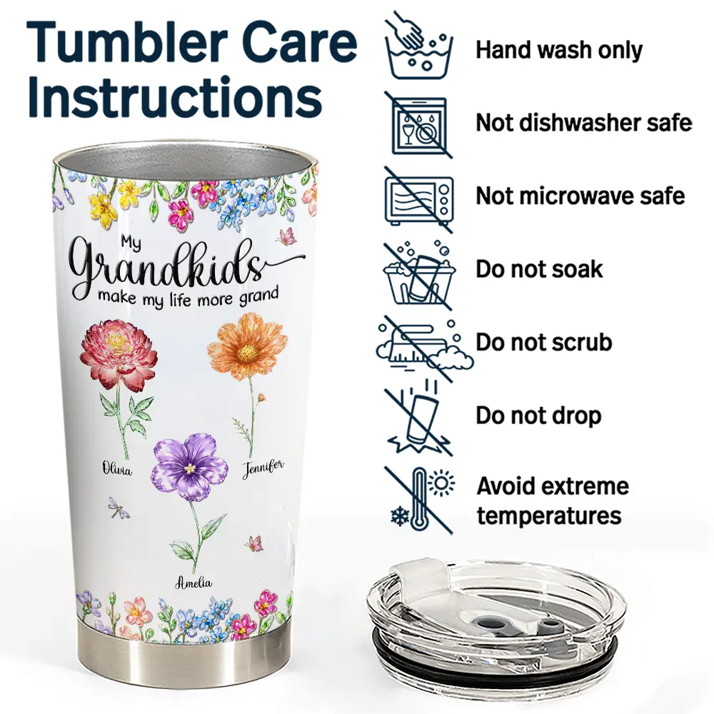 Gift For Grandma,Gift For Women,Happy,Top Market - Crystal Effect Birth Flower Grandkids Make Life More Grand - Personalized Tumbler