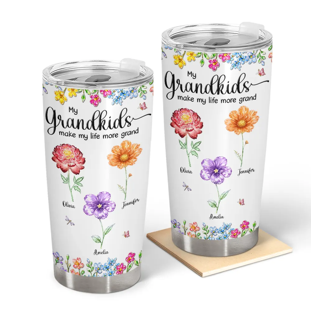 Crystal Effect Birth Flower Grandkids Make Life More Grand - Personalized Tumbler
