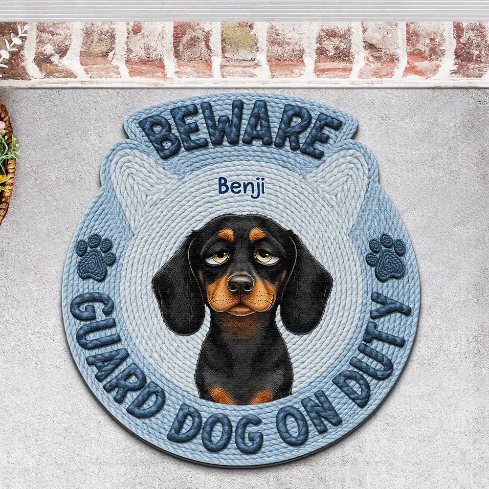 Pet Lovers,Pet Mom,Pet Dad,Pet Couple,Dog Lovers,Dog Mom,Dog Dad,Dog Couple,Cat Lovers,Cat Mom,Cat Dad,Cat Couple,Family,Happy,Top Market - Faux Embroidery Effect Beware Guard Dogs Cats On Duty - Personalized Custom Shaped Doormat