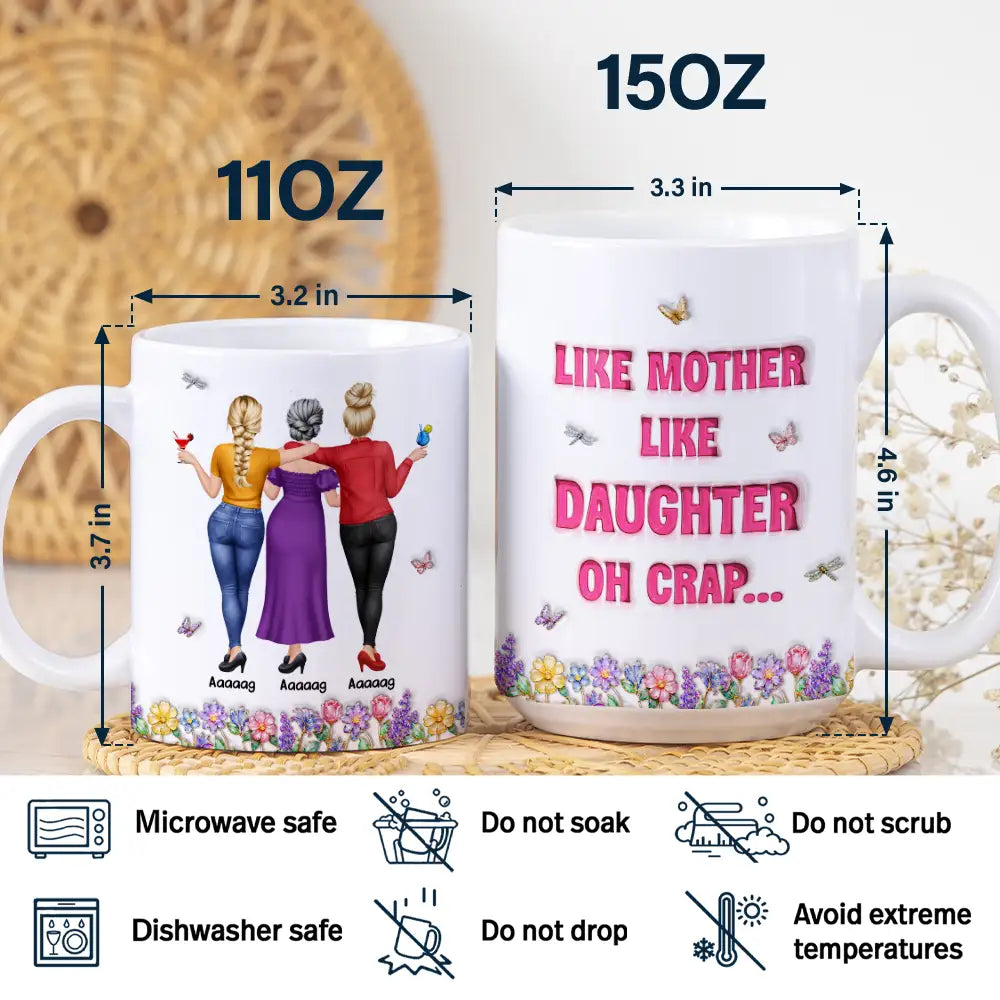 Mom - Daughters (Adult),Mom - Daughters (Young),Gift For Mother,Gift For Daughter,Gift For Women,Top Market,Top Market,Vector - 3D Effect Like Mother Like Daughter Oh Crap - Personalized White Edge-to-Edge Mug