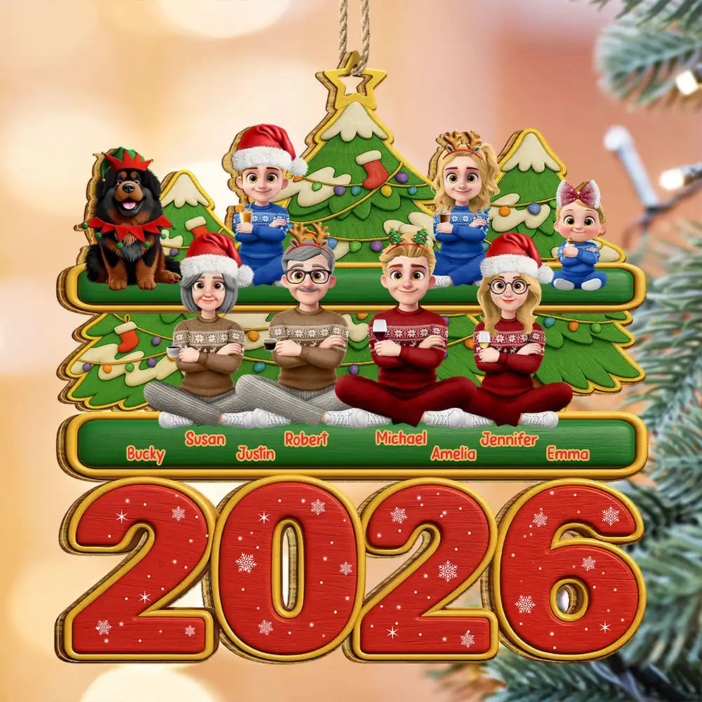 Christmas, Cozy, Family, Vector - 3D Effect Christmas Family Sitting With Dogs & Cats - Personalized Custom Shaped Wooden Ornament