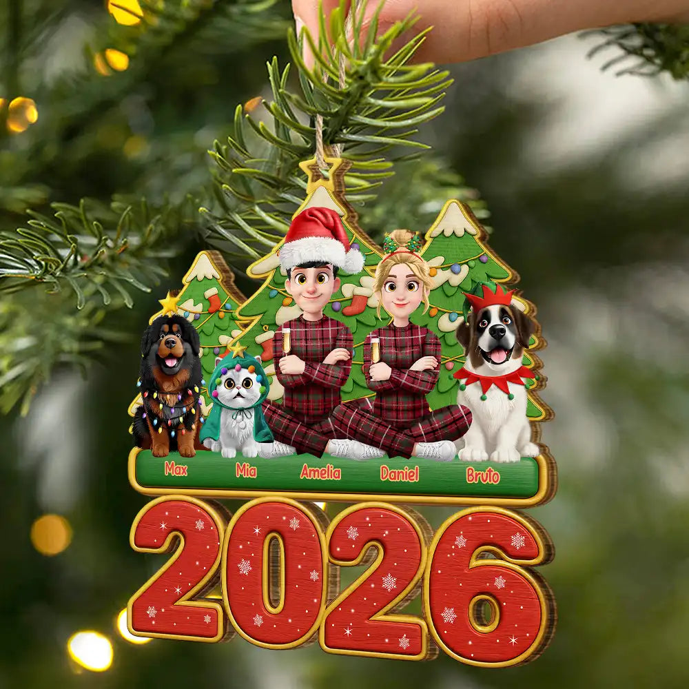Christmas, Cozy, Family, Vector - 3D Effect Christmas Family Sitting With Dogs & Cats - Personalized Custom Shaped Wooden Ornament