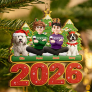 Christmas, Cozy, Family, Vector - 3D Effect Christmas Family Sitting With Dogs & Cats - Personalized Custom Shaped Wooden Ornament
