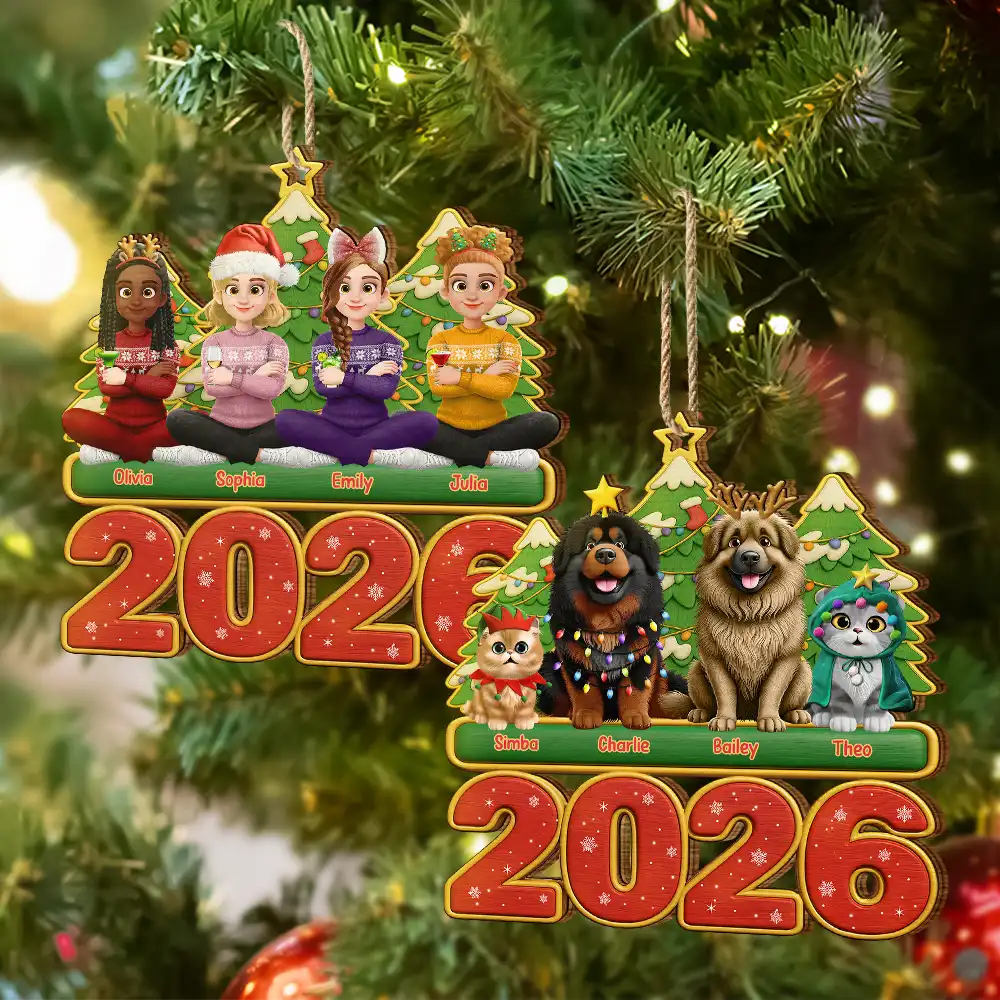 Christmas, Cozy, Family, Vector - 3D Effect Christmas Family Sitting With Dogs & Cats - Personalized Custom Shaped Wooden Ornament