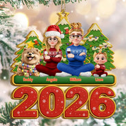 Christmas, Cozy, Family, Vector - 3D Effect Christmas Family Sitting With Dogs & Cats - Personalized Custom Shaped Wooden Ornament