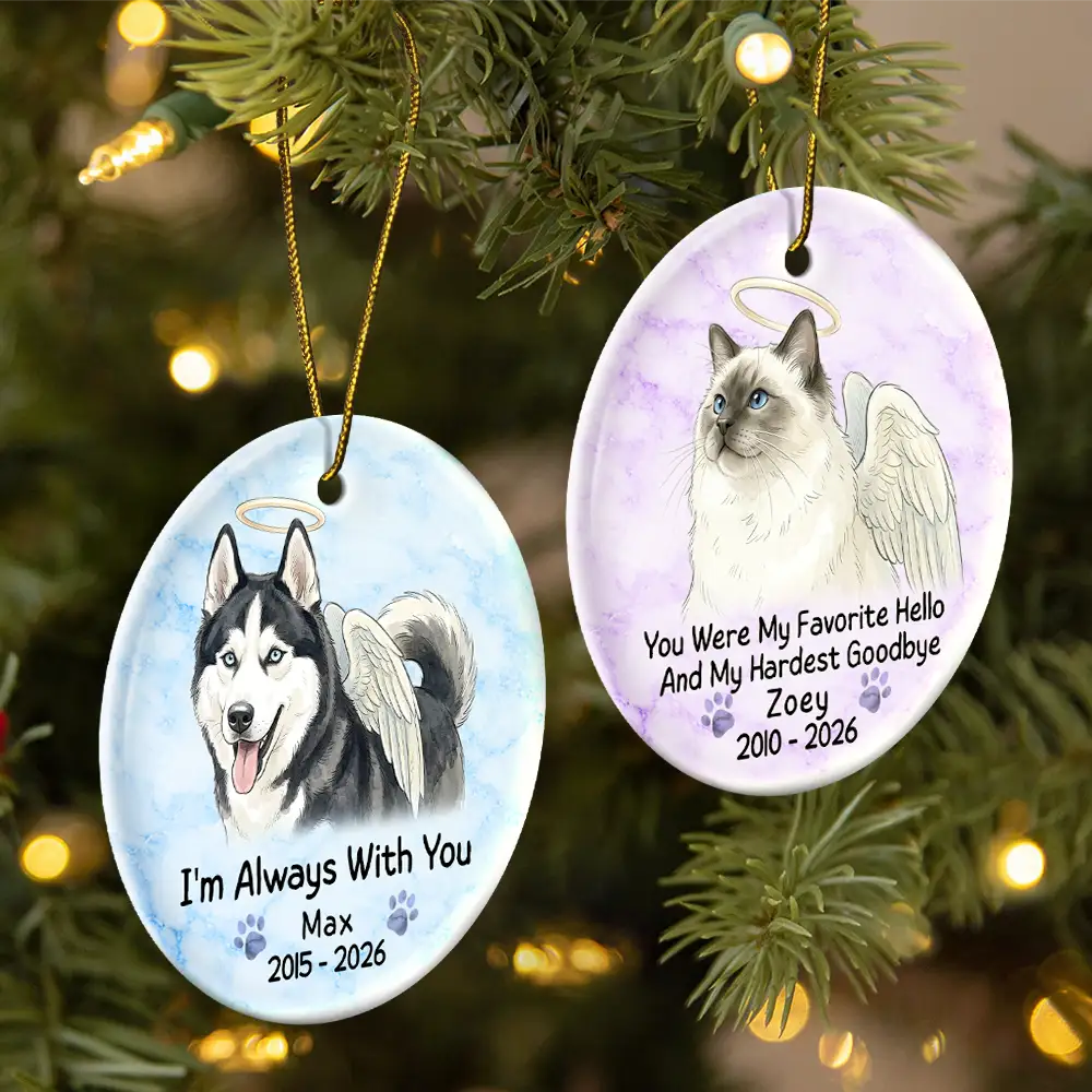 Art Design, Christmas, Custom Photo, Healing, Indoor Decor, Memorial, Pet Lovers, Pet Memorial, Photo - Vivid Watercolor Art Memorial - Christmas Gift For Dog Cat Lovers - Personalized Custom Photo Watercolor Forever Loved Circle Ceramic Ornament