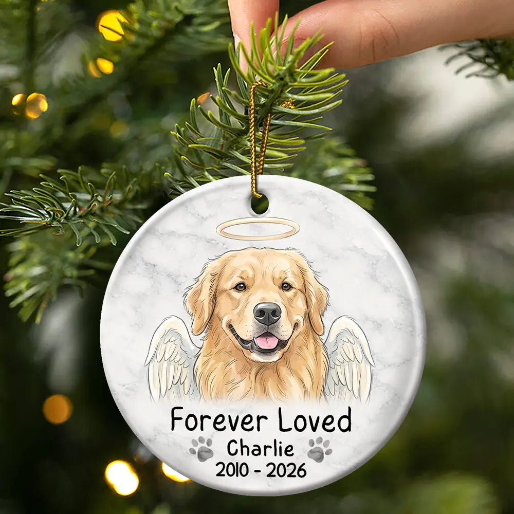 Art Design, Christmas, Custom Photo, Healing, Indoor Decor, Memorial, Pet Lovers, Pet Memorial, Photo - Vivid Watercolor Art Memorial - Christmas Gift For Dog Cat Lovers - Personalized Custom Photo Watercolor Forever Loved Circle Ceramic Ornament