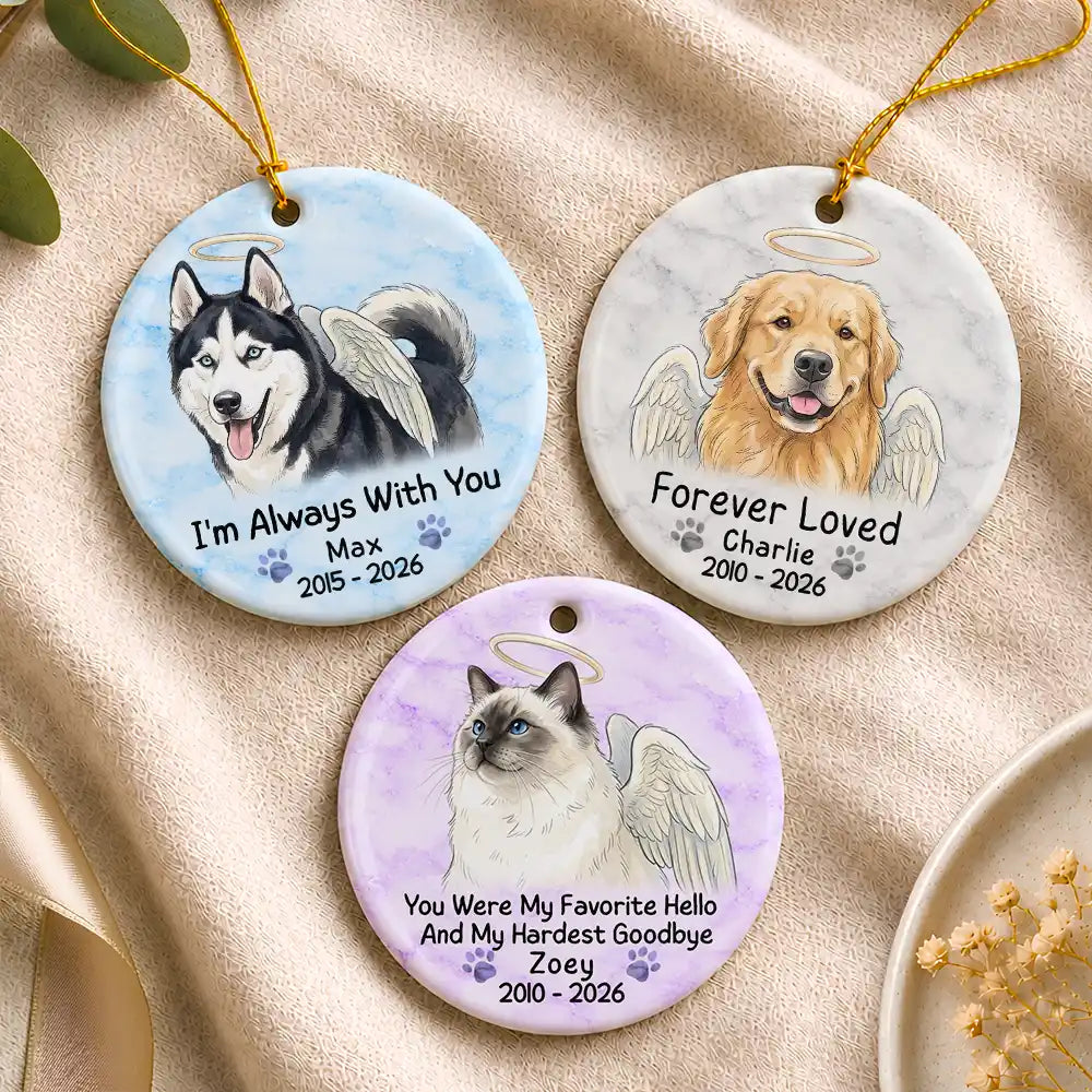Art Design, Christmas, Custom Photo, Healing, Indoor Decor, Memorial, Pet Lovers, Pet Memorial, Photo - Vivid Watercolor Art Memorial - Christmas Gift For Dog Cat Lovers - Personalized Custom Photo Watercolor Forever Loved Circle Ceramic Ornament