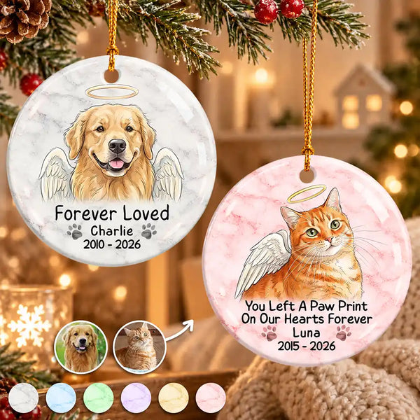 Art Design, Christmas, Custom Photo, Healing, Indoor Decor, Memorial, Pet Lovers, Pet Memorial, Photo - Vivid Watercolor Art Memorial - Christmas Gift For Dog Cat Lovers - Personalized Custom Photo Watercolor Forever Loved Circle Ceramic Ornament