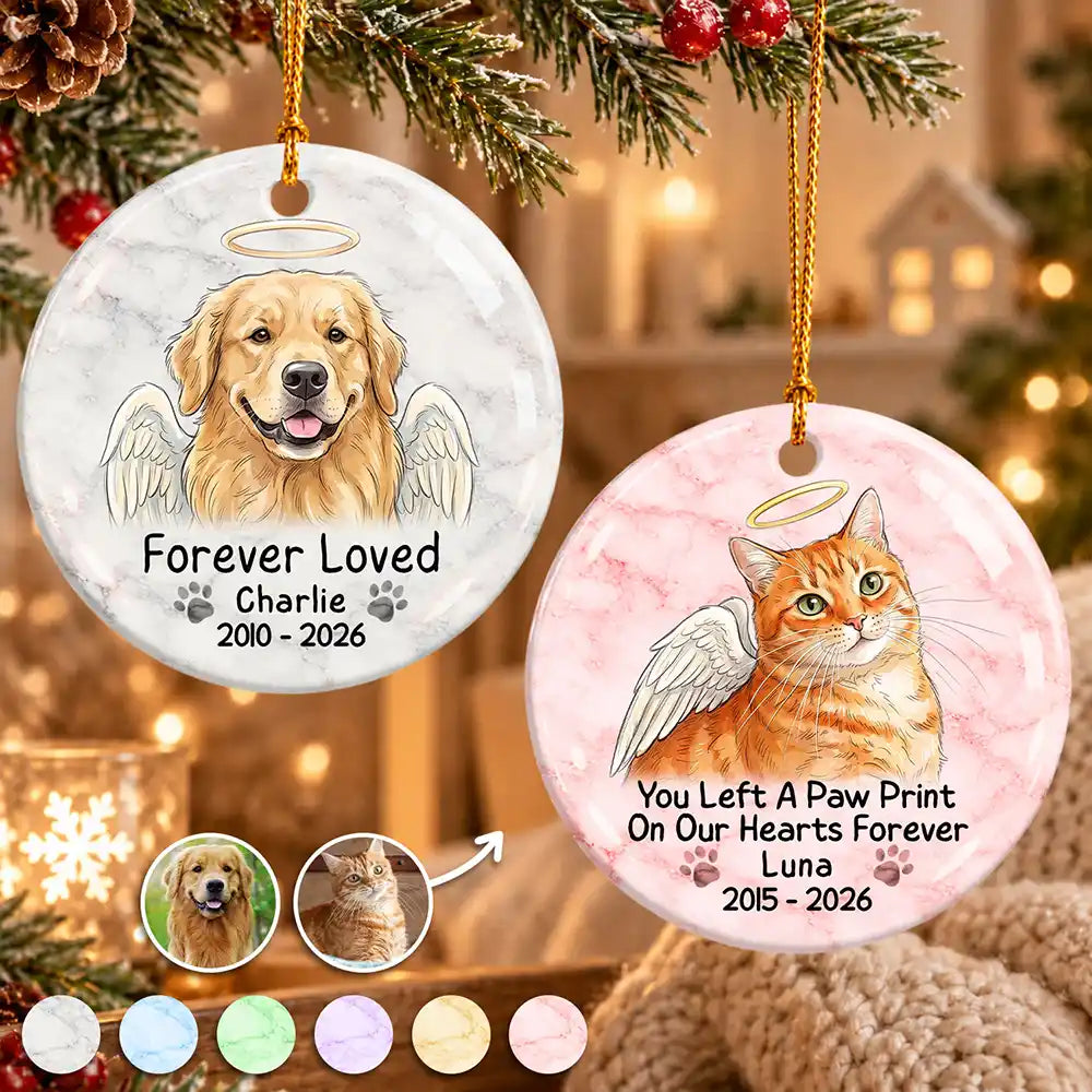 Art Design, Christmas, Custom Photo, Healing, Indoor Decor, Memorial, Pet Lovers, Pet Memorial, Photo - Vivid Watercolor Art Memorial - Christmas Gift For Dog Cat Lovers - Personalized Custom Photo Watercolor Forever Loved Circle Ceramic Ornament