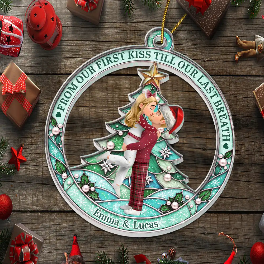 Christmas,Gift For Couples,Old Couples,Romantic,Vector - Christmas Gift For Couple - Personalized From Our First Kiss Acrylic Ornament