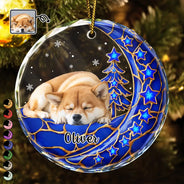 Christmas, Memorial, Pet Lovers, Pet Memorial, Sympathetic, Top Market, Vector - Pet Memorial Christmas Gift - Personalized Dog Cat Sitting On The Moon Circle Glass Ornament