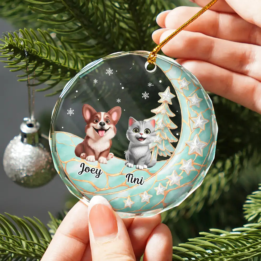 Christmas, Memorial, Pet Lovers, Pet Memorial, Sympathetic, Top Market, Vector - Pet Memorial Christmas Gift - Personalized Dog Cat Sitting On The Moon Circle Glass Ornament