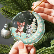 Christmas, Memorial, Pet Lovers, Pet Memorial, Sympathetic, Top Market, Vector - Pet Memorial Christmas Gift - Personalized Dog Cat Sitting On The Moon Circle Glass Ornament