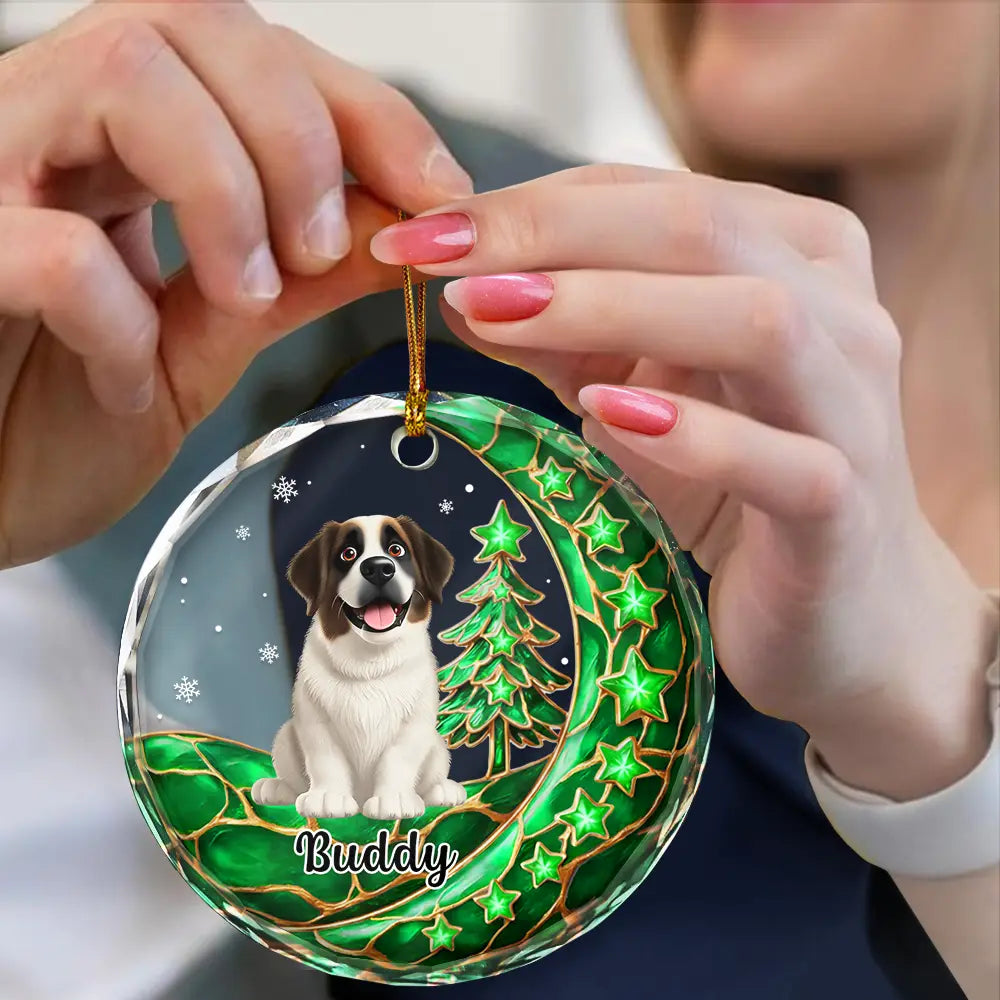 Christmas, Memorial, Pet Lovers, Pet Memorial, Sympathetic, Top Market, Vector - Pet Memorial Christmas Gift - Personalized Dog Cat Sitting On The Moon Circle Glass Ornament