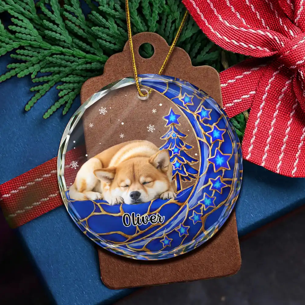 Christmas, Memorial, Pet Lovers, Pet Memorial, Sympathetic, Top Market, Vector - Pet Memorial Christmas Gift - Personalized Dog Cat Sitting On The Moon Circle Glass Ornament