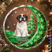 Christmas, Memorial, Pet Lovers, Pet Memorial, Sympathetic, Top Market, Vector - Pet Memorial Christmas Gift - Personalized Dog Cat Sitting On The Moon Circle Glass Ornament