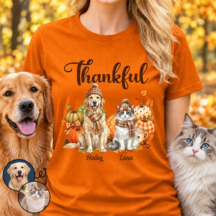 Thanksgiving Gift For Pet Lovers - Personalized Custom Photo Watercolor Thankful Fall Pumpkin Dog Cat T Shirt