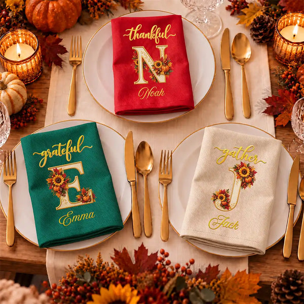 Family,Happy,Icon,Indoor Decor,Thanksgiving - Thanksgiving Table Setting For Family Gathering - Personalized Monogram Thankful Blessed Reusable Napkin