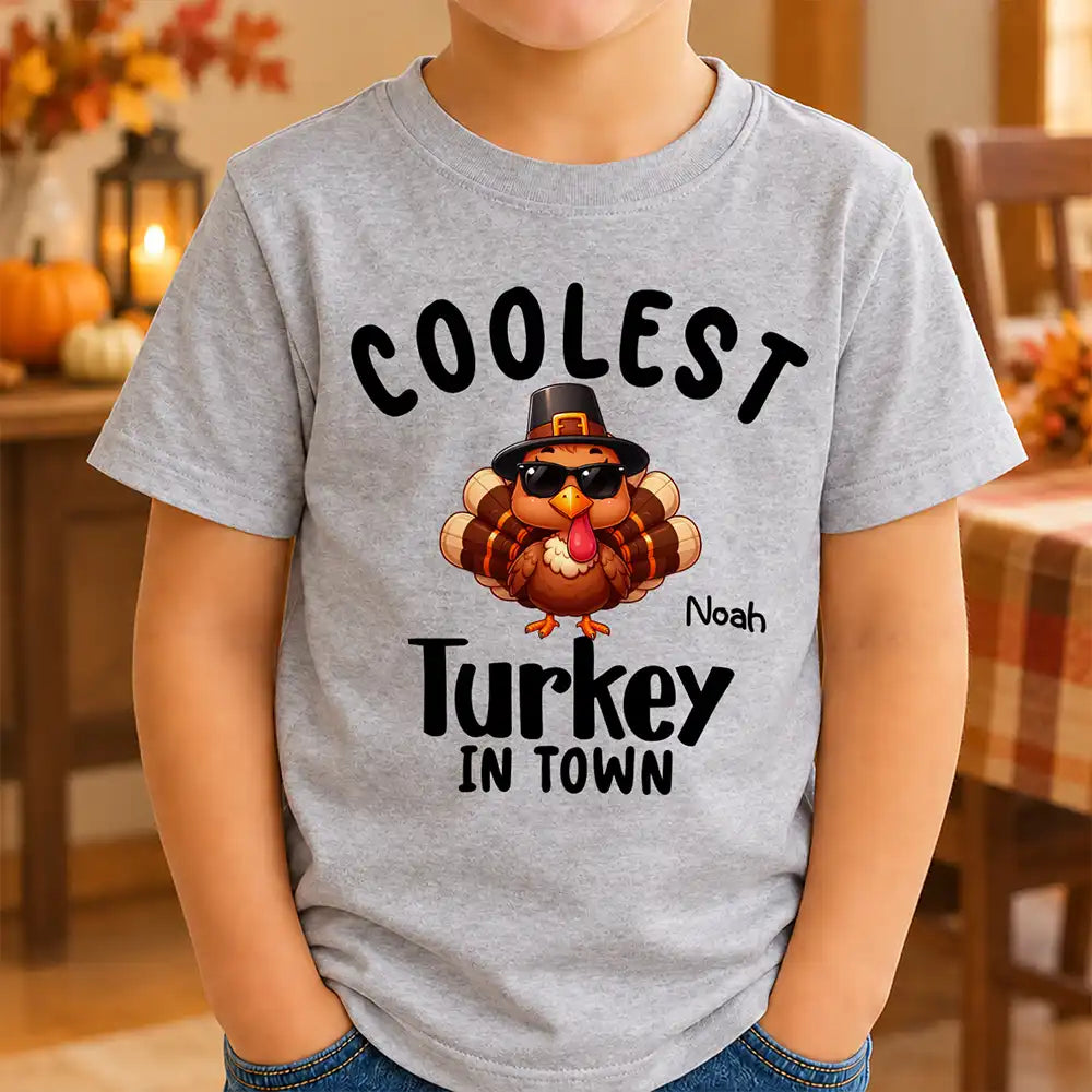 Thanksgiving Gift For Kids - Personalized Coolest Turkey In Town T Shirt