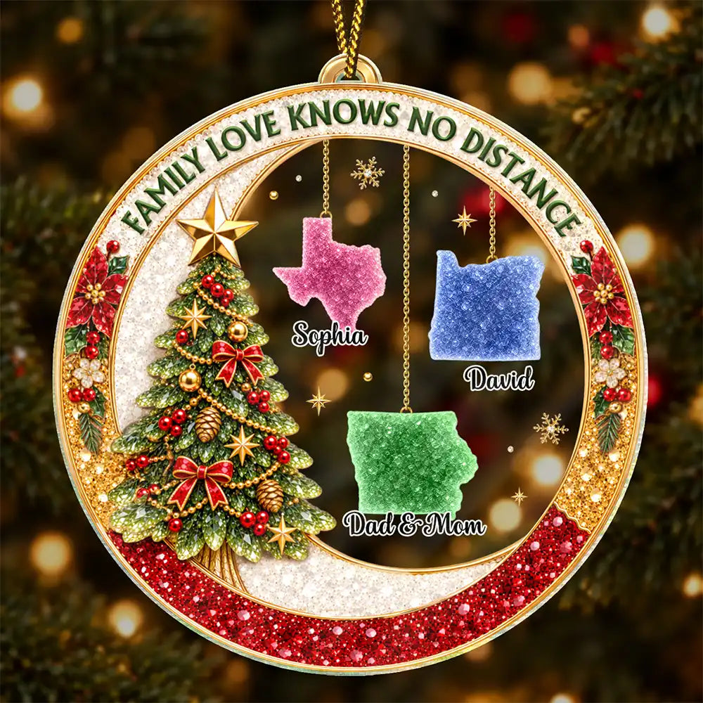 Christmas,Family,Icon,Long Distance,Sentimental,Top Market - Long Distance Family Christmas Gift - Personalized State Love Knows No Distance Acrylic Ornament