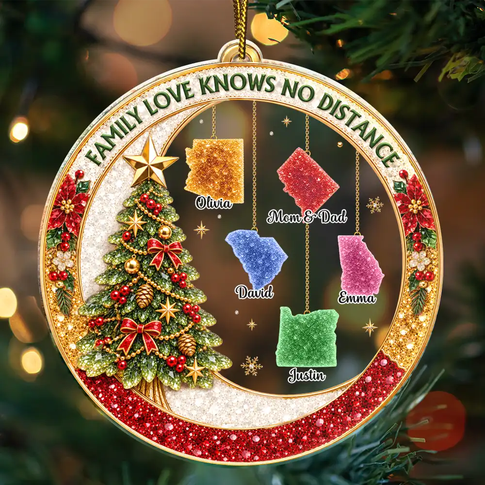 Christmas,Family,Icon,Long Distance,Sentimental,Top Market - Long Distance Family Christmas Gift - Personalized State Love Knows No Distance Acrylic Ornament
